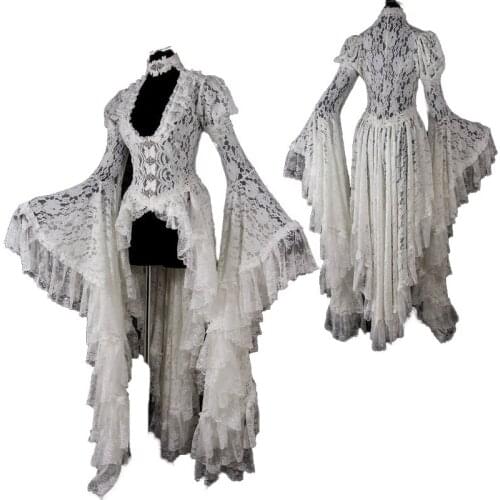 Women Retro Vintage Solid Lace Medieval Cardigan Cosplay White Lace Elegant Long Tail Pleated Victorian Outwear Ball Gown