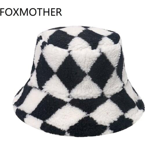 FOXMOTHER Winter Outdoor Warm Lamb Faux Fur Bucket Hat Plaid Geometric Fluffy Fishing Cap Panama Bob Gorros Women Mens 2021