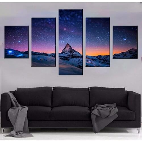5 Pieces Landscape Canvas Painting Art Print Starry Sky and Snow Mountain Home Decoration Painting for Living Room Bedroom Decor