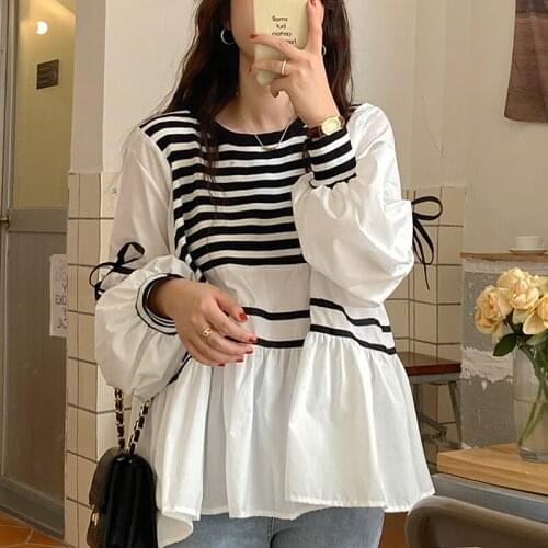2021 Korean Patchwork Knitted Blouse Women Long Sleeve Striped Blouse Vintage White Shirts Tops blouses femme