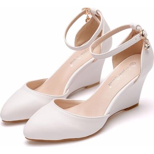 Crystal Queen Women Sandals Casual white Wedge Sandals Summer Ankle Strap Med Heel Platform Pump High Heels Shoes