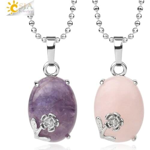 CSJA Egg Shape Natural Stone Pendant Necklace Reiki Purple Crystal Lava Pink Quartz Cabochon Bead Cute Flower Charm Jewelry G504