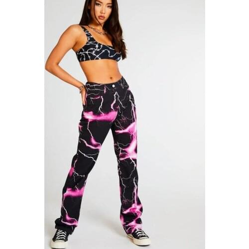 Women Jeans High Waist contrast Color Fashion Denim Street Casual Mom Pants Loose Joker Quality Harajuku Straight-leg Pants