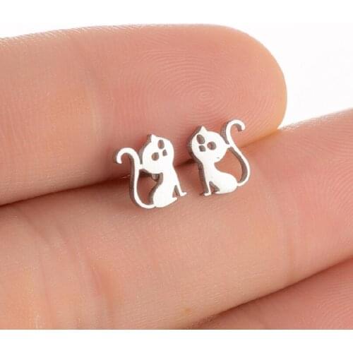 Hot Sale Cute Elegent Cat Kitty Earrings For Girl Kids Stainless Steel Tiny Small Stud High Quality Hypoallergenic Pin Piercing
