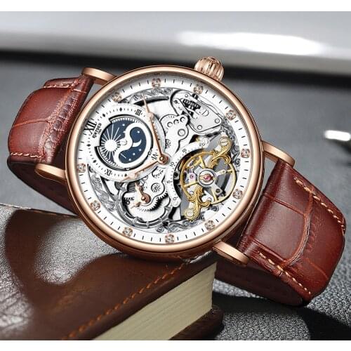 KINYUED New Brand Automatic Watch with Moon Phase Luxury Steampunk Men Mechanical Watches Fashion Man Hour relogio luxo mecanico