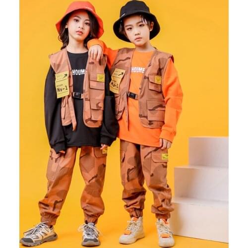 Jazz Dance Costumes Kids Hip Hop Practice Wear Street Dance Stage Performance Clothes Camouflage Hiphop Suit Rave Clothes SL387