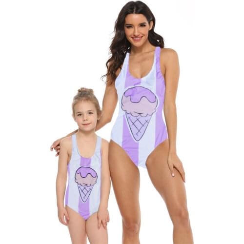 Mommy and Me Swimsuits Family Matching Swimwear Kids Girls One Piece Ice Cream Stripe Bating Suit Mother Daughter Beach Bikini