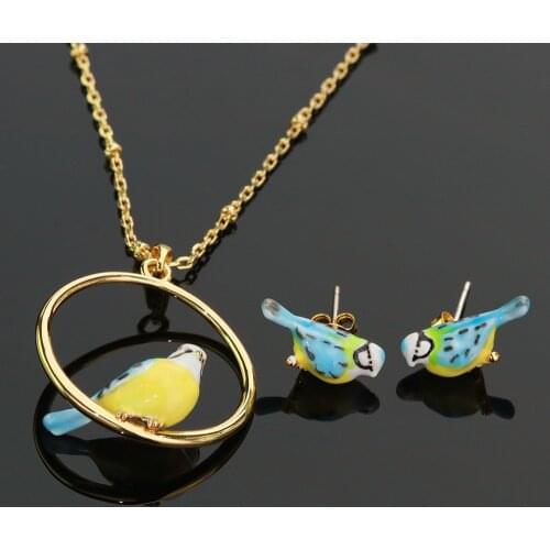 Cute Lovely Bule Bird Earring Necklace Jewelry Sets For Women Fashion Party Accessories Enamel Copper Ear Gift