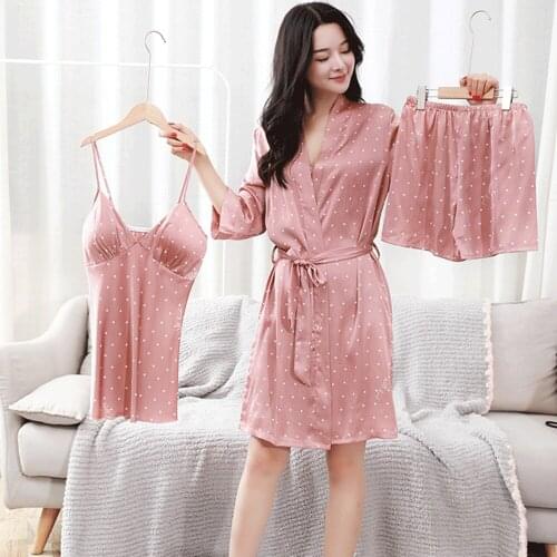 Fdfklak Silk Pyjamas Women 4 Pieces Sets Sexy Female Satin Pajama Spring Summer New Pijama Pink/Black Dots Sleep Nightwear