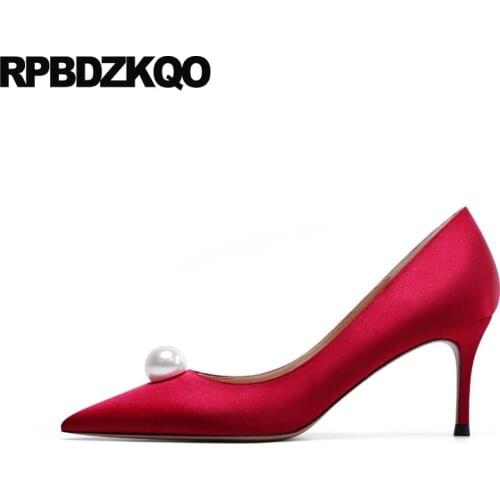 Pointed Toe Pumps Silk Bride Bridal Size 4 34 3 Inch Girls Thin White Satin Pearl 2021 Ladies Red High Heels Ivory Shoes Wedding