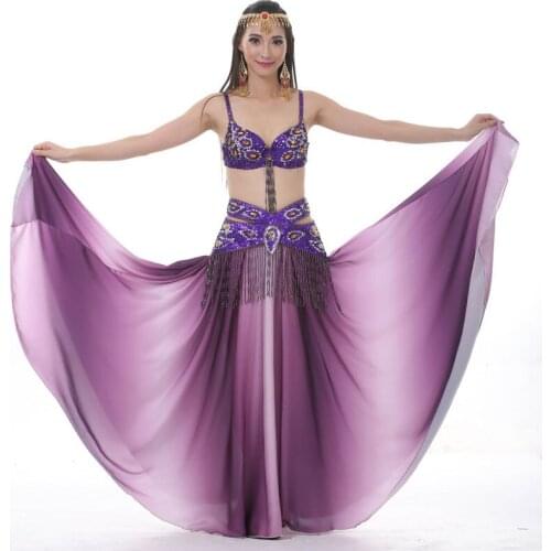 Women Sexy Belly Dance Top Bra & Beaded Belt & Dress 3 Pieces Set Belly Dance Costume Outfit Set Female Bollywood Dance Clothes