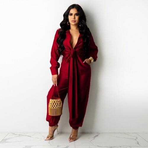 Office Lady Solid Romper Womens Jumpsuit Turn Down Collar Long Sleeve Baggy Bodysuit Classy Casual Draped Tied Up Club Outfits