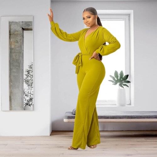 RMSFE 2021 Women Long Sleeve Loose V-Neck Fashion Casual Solid Color Simple Sexy Jumpsuit