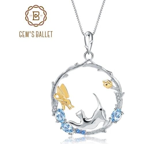 GEMS BALLET Natural Swiss Blue Topaz Fine Jewelry 925 Sterling Silver Handmade Butterfly Flower Bud Pendant Necklace for Women