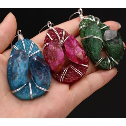 1pcs Natural Druzy Stone Egg Shape Mix Colors Rose Red Blue Green Crystal Pendant for Necklace Jewelry Making Gift Size 35x65mm