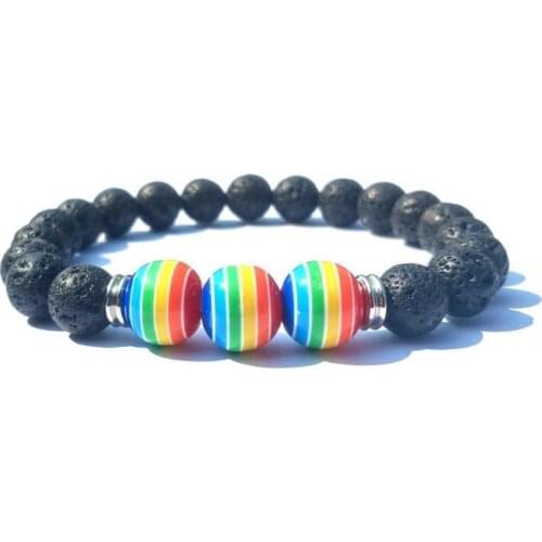 10MM Rainbow Stripe Ball 8mm Black Lava Stone Beads Bracelet DIY Essential Oil Diffuser Bracelet Stretch Yoga Jewelry