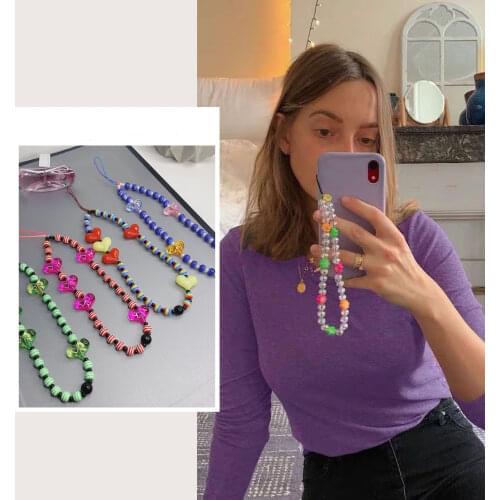 Ins European and American personality fashion color acrylic rainbow beads mobile phone lanyard mobile phone chain