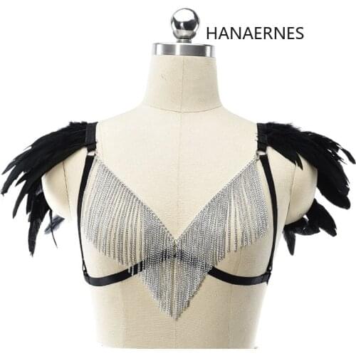 HANAERNES Womens Feather tassel Harajuku Garter Elastic Body Harness Bra Bondage Lingerie Sexy Goth Clothes Bondage Lingerie