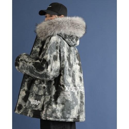 Camouflage Mens Down Cotton-padded Jacket Long Fashion Tooling Jacket Winter Couple Thickened Warmth Trend Fur Collar Coat