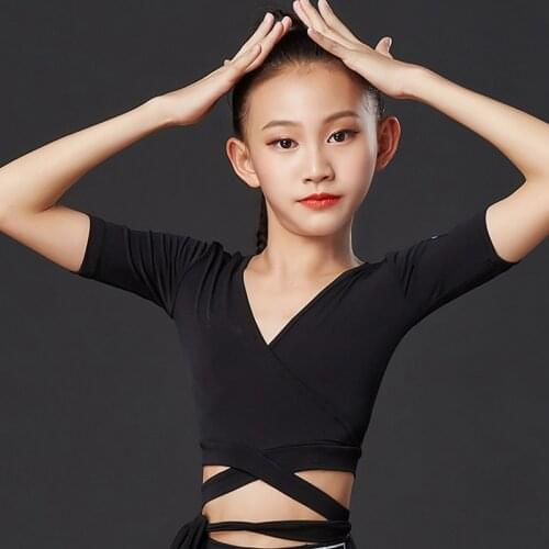 Black Short Sleeved Tops Latin Dance Costumes For Girls Bandage Practice Clothes ChildrenCha Cha Rumba Samba Tango Dress DQS4708