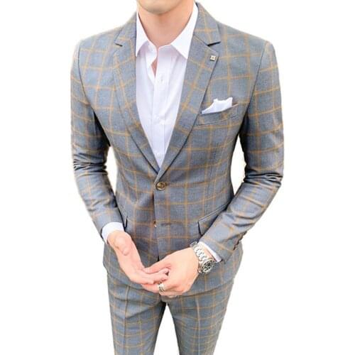 Groom Marriage Suit Coat Pants Set / Male British Style Slim Fit Plus Size Mens Plaid Blazer Suit Two Piece Jacket Trousers