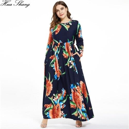 Long Sleeve Summer Dress Plus Size 6XL Women 2020 Fashion Floral Print Casual Long Dress Black Pockets Maxi Boho Dresses