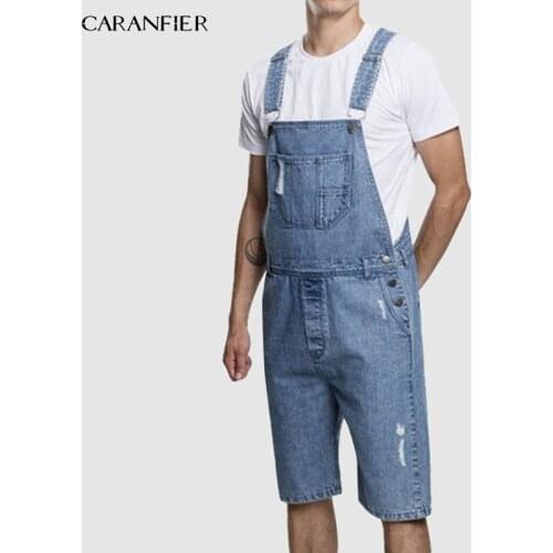 CARANFIER Jeans Mens Jumpsuits High Street Distressed Denim Bib Overalls For Man Knee Kength Jeans Wash Pocket Trousers Pants