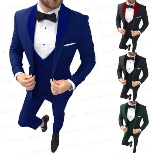 Royal Blue Mens Suits 3 pieces Set Stylish Prom Party Wedding Groom Suit Tailored Dinner Tuxedo Blazer Vest Pants Velvet Collar