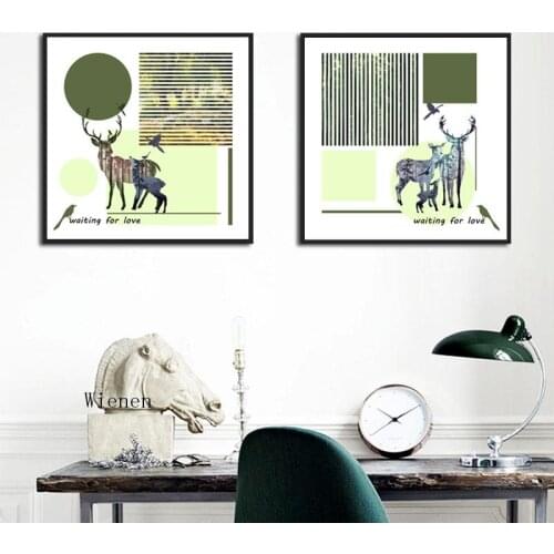 Nordic Abstract Animals Elk Deer Poster Stripe Wall Art Canvas Painting Frameless Mural Square Photo Home Bedroom Decoration