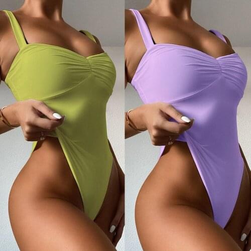 2021 New Sexy Female Swimsuit Vintage One Piece Pleated Push Up Solid Purple Swimwear Women Monokini Padded Bathing Suits