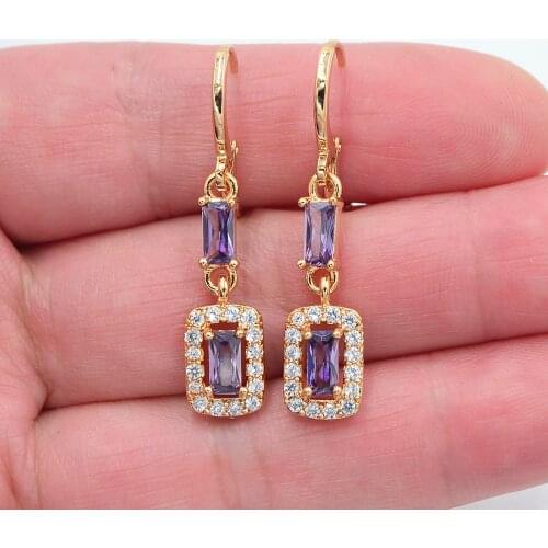 Gold Color Women Fashion Purple Zirconia CZ Geometric Rectangle Blocks Dangle Earrings Jewelry