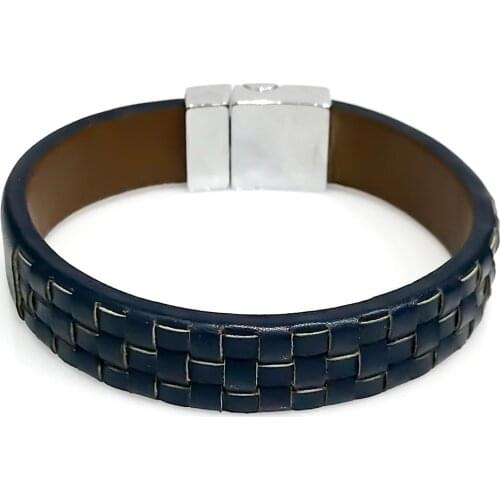 Navy blue Mesh Genuine Leather Steel Male Bracelet