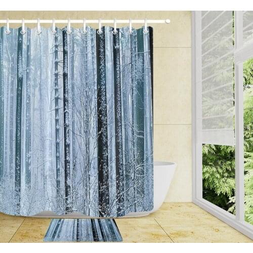 Woodland Shower Curtain Polyester Fabric Winter Forest Snow Scene Nature View Scene Pattern Waterproof Bathroom Carpet Rugs