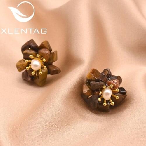 XlentAg Natural Tiger Eye Stone Pearl Stud Earrings For Women Gift 925 Sterling Silver Flower Earrings Fine Jewelry GE0780J