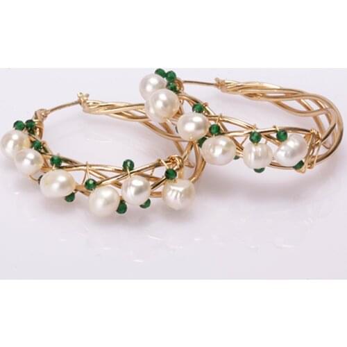 Green blue red black glass beaded natural white freshwater pearl beads gold wire-wrapped charm big hoop earring for woman