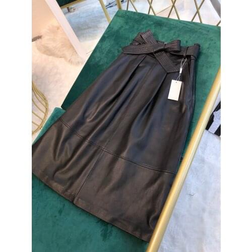 2021 bow high waist a line women leather long skirt