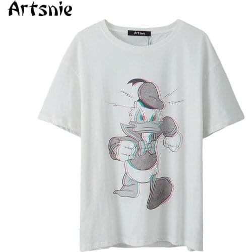 Artsnie disney white cartoon print t shirt women summer o neck short sleeve oversized top femme streetwear cotton t-shirts mujer