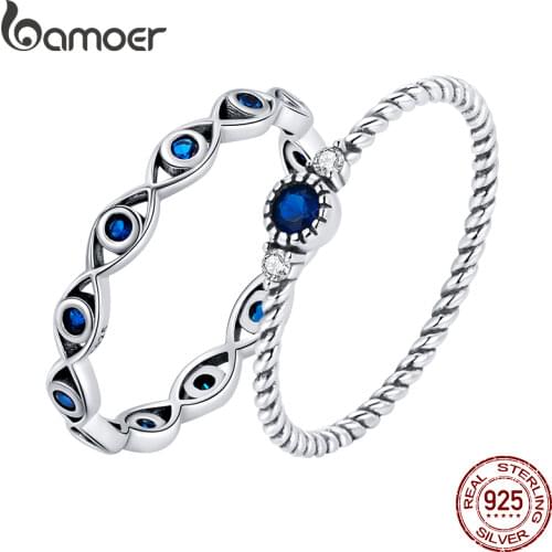 Bamoer Blue Zircon Finger Rings for Women 925 Sterling Silver Retro Engagement Wedding Jewelry Fashion Accessories SCR693