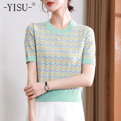 YISU Women Summer Thin section Sweater O-Neck Wave pattern Female Casual Jumper Shirt collar New Short sleeve Knitted Pullover