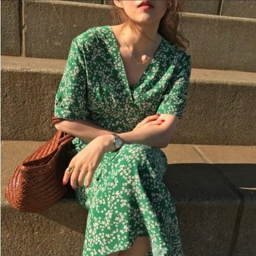 2021 Women Summer Dress Elegant V Neck Flower Long Dress Green Short Sleeve High Waist A-line Midi Dresses French Style 14542