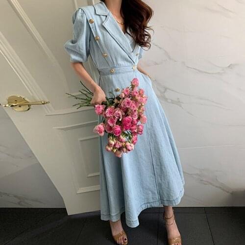 Sannian Women Dress Summer Retro Temperament Lapel Metal Double-breasted Waist-slimming Bubble Sleeve Washed Blue Denim Dresses