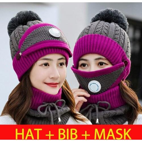 Winter Hat Female Breathing Valve Scarf Neck Ski Cap Windproof Cashmere Knitted Beanies Thick Warm Vogue Ladies Hat