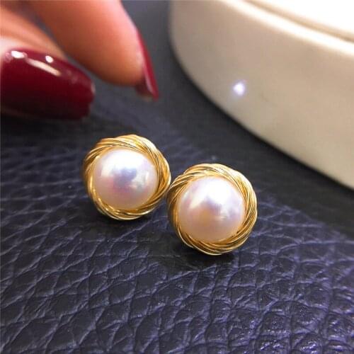 Wholesale 8-9MM Real Freshwater Pearl Earrings Gold Plated Stud Earrings Nice Party Wedding Gift 10 pairs/lot