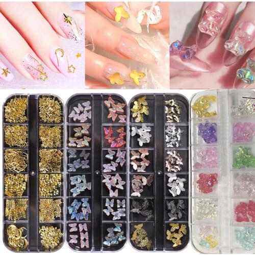 12Grids/Box 3D Bear/Butterfly Rivet Nail Art Decorations StudS Aurora Rhinestone Nail DIY Soft Pottery Manicure Accessories VI7B