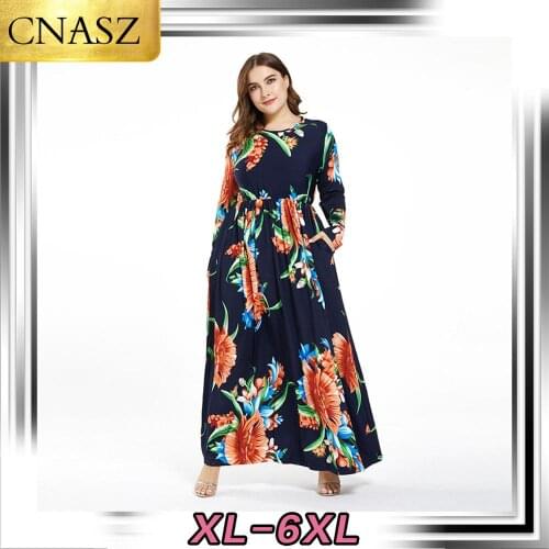 2020 New Fashion Plus Size Womens Print Slim Long Sleeve Print Round Neck Dress Elegant Islamic Turkey Dress Middle East