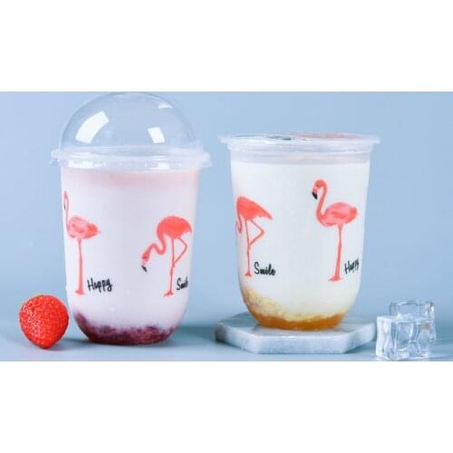 50pcs Net red cute flamingo milk tea plastic cup 95mm caliber disposable PP U-shaped creative transparent glass with cover