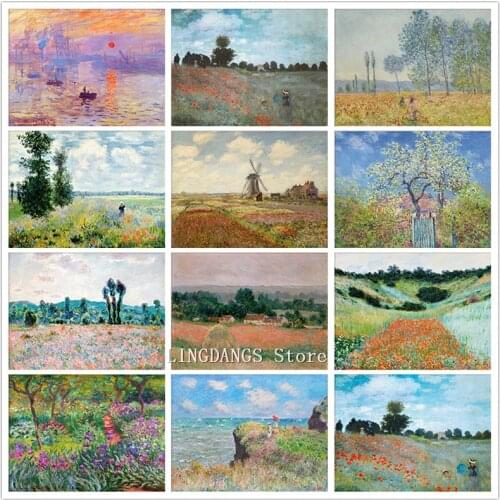 5D DIY Full Drill Diamond Painting Claude Monet Poplars Poppy Fields Landscape Diamond Mosaic Embroidery Cross Stitch Home Decor