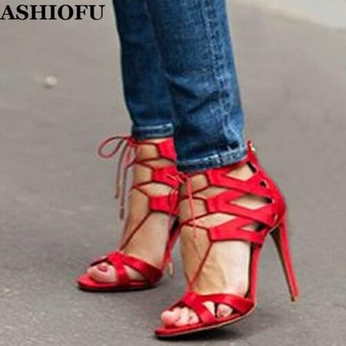 ASHIOFU Handmade Ladies High Heel Sandals Crosscriss Shoelace Party Prom Shoes Peep-toe Sexy Fashion Evening Sandals Red Shoes