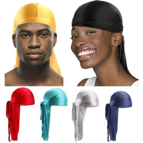 Satin men Stretchy Cap Hip Hop Du Doo Rag Durag Wigs Turban Bandana Headwear Solid Color long Hat Tie Down tail Hair Accessories