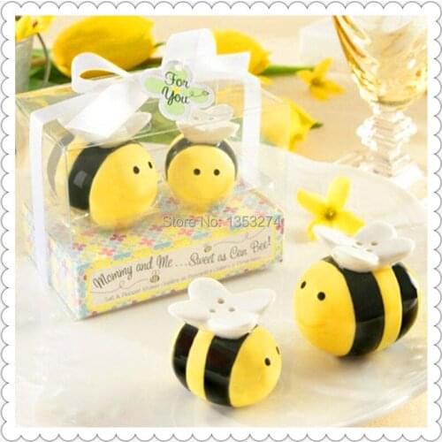 Free Shipping! 200pcs/Lot=100Sets/Lot! 2 Honey Bee In One Gift Box Ceramic Salt And Pepper Shakers Wedding Favor